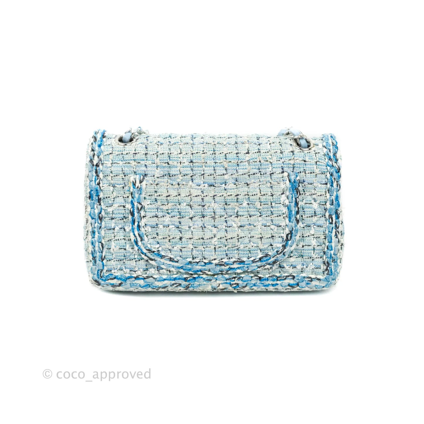 Chanel Medium Classic Double Flap Bag Blue Tweed Silver Hardware 19C