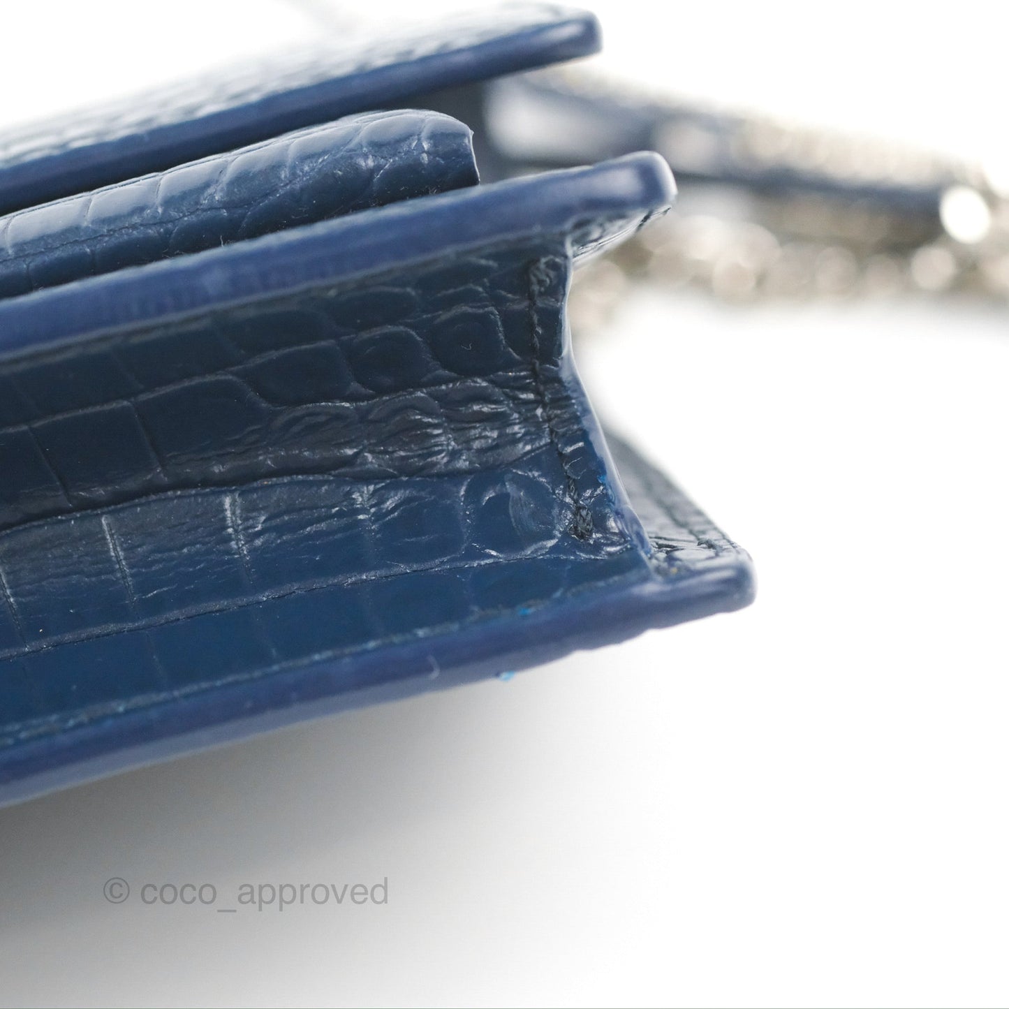Saint Laurent Sunset Chain Wallet Navy Croc-embossed Shiny Calfskin Silver Hardware