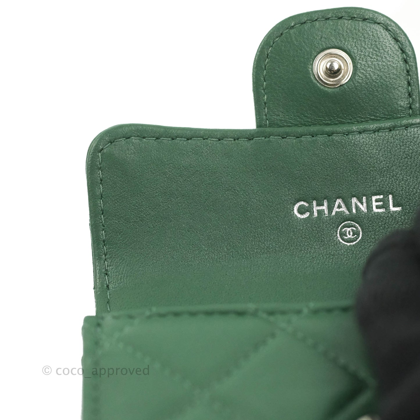 Chanel Classic Flap Coin Purse Dark Green Lambskin Silver Hardware