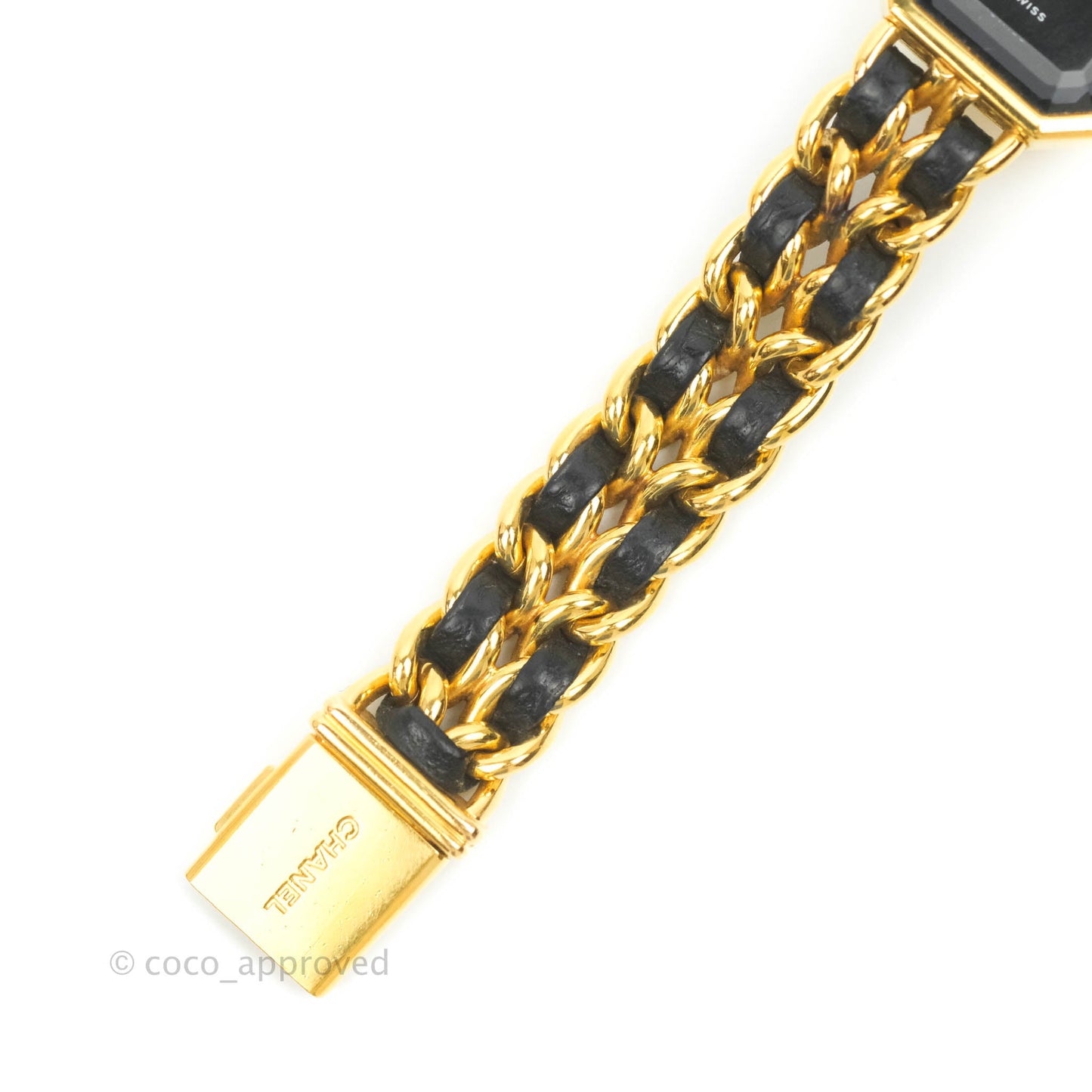 Chanel Vintage Première Watch Black Leather Gold Plated M Size