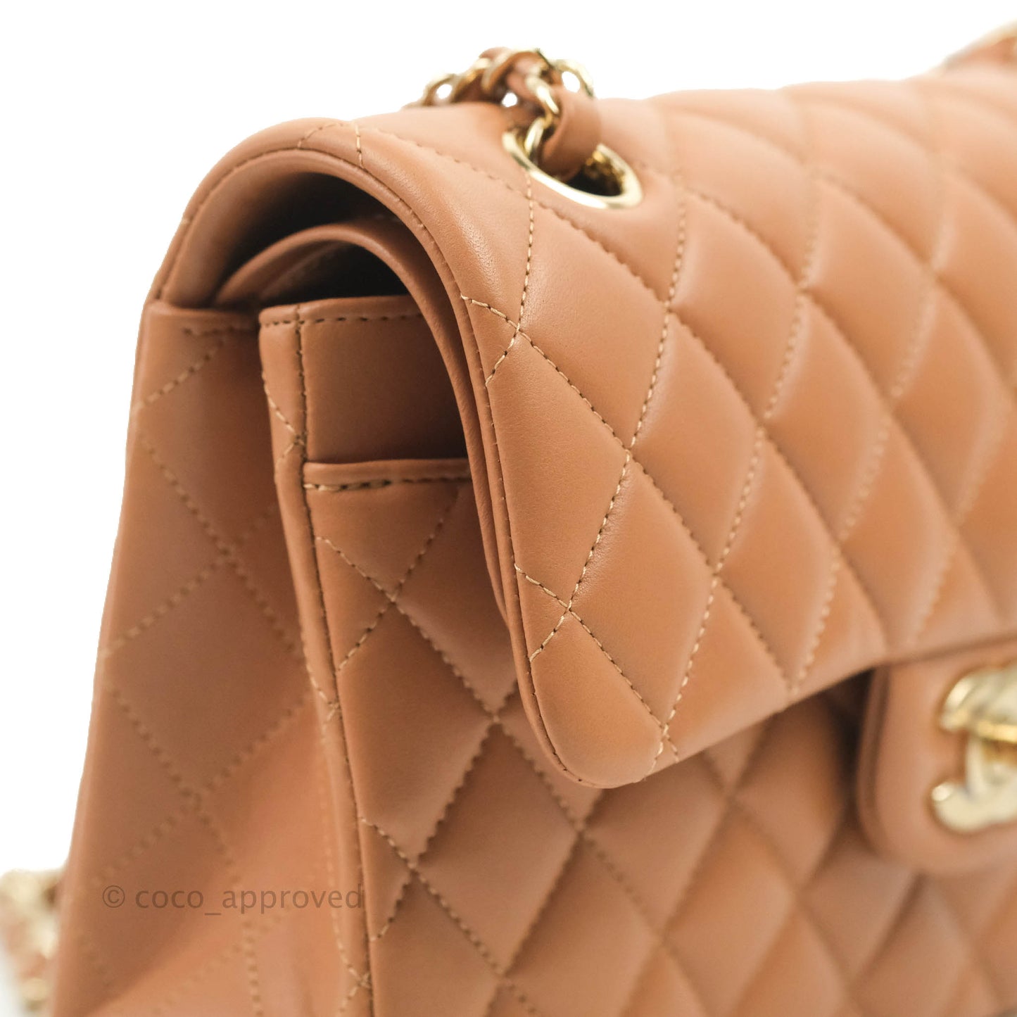 Chanel Small Classic Quilted Flap Dark Beige Caramel Lambskin Gold Hardware