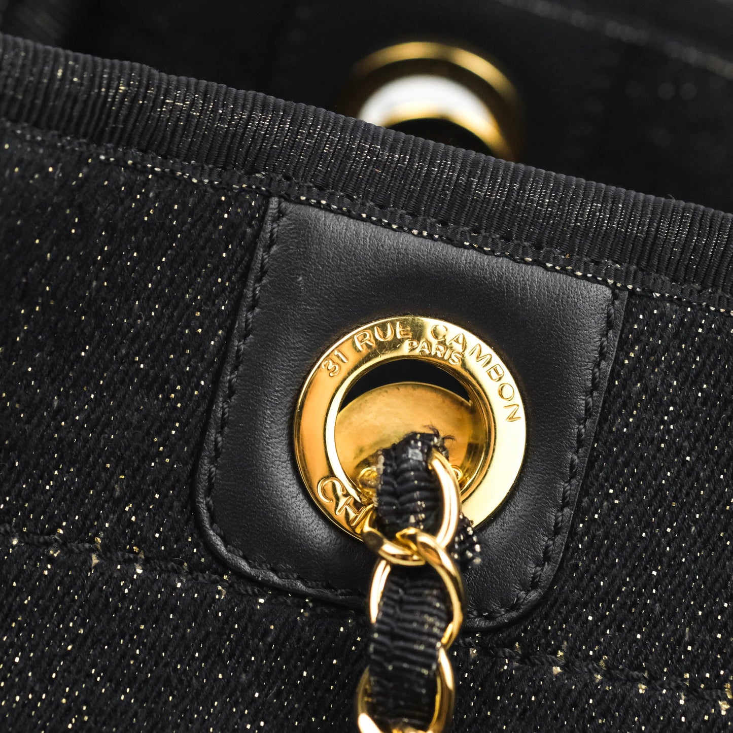 Chanel Medium Deauville Tote Navy Glitter Canvas Gold Hardware