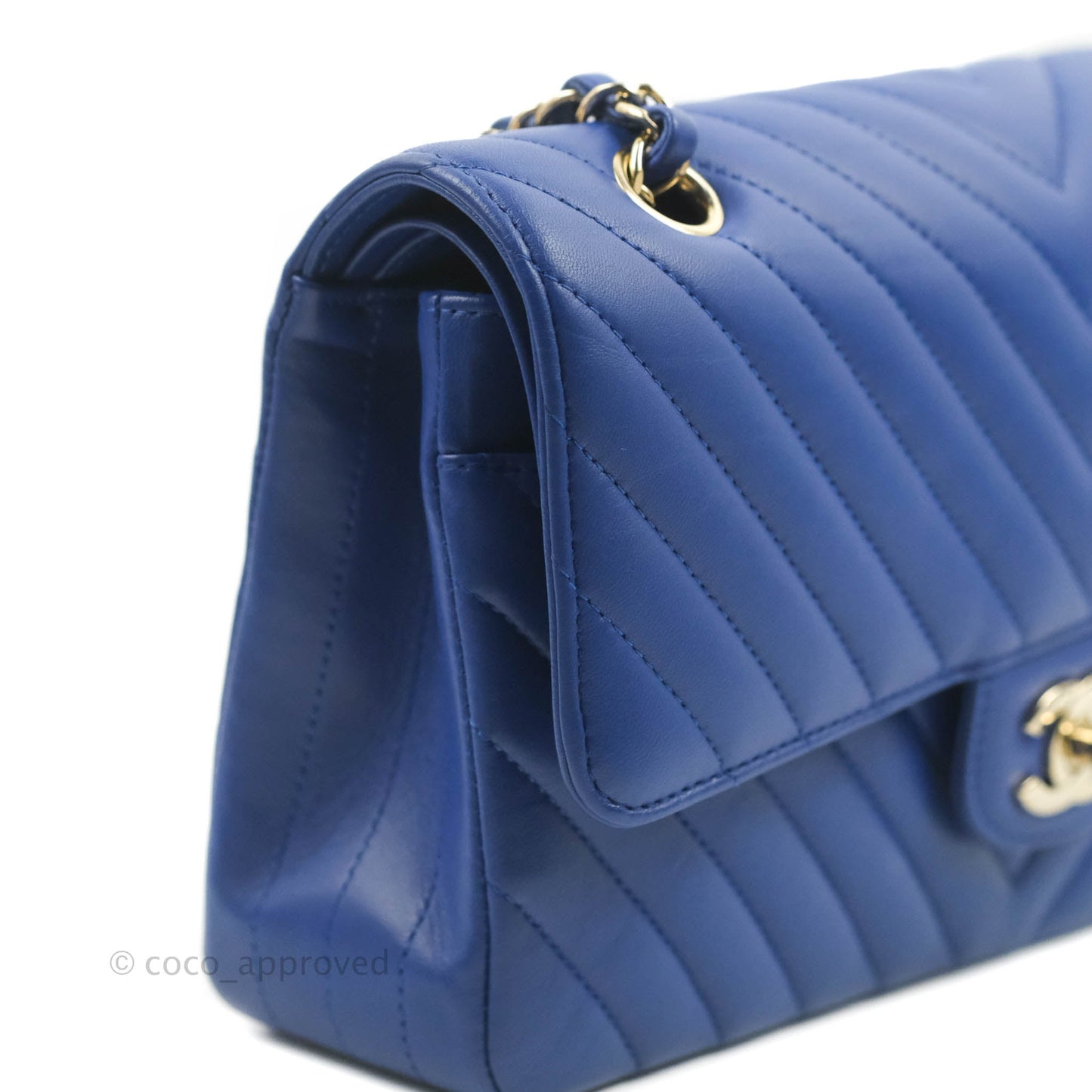 Chanel Classic M/L Medium Chevron Double Flap Blue Lambskin Gold Hardware