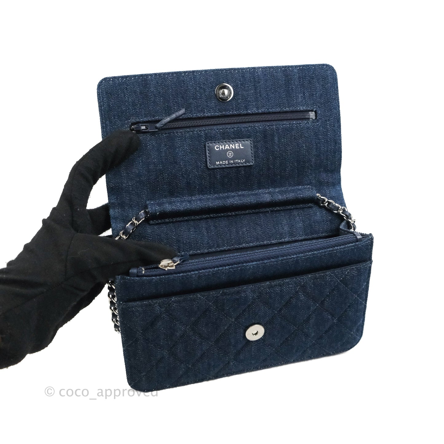 Chanel Quilted Chain Around Wallet on Chain WOC Dark Blue Denim Silver Hardware