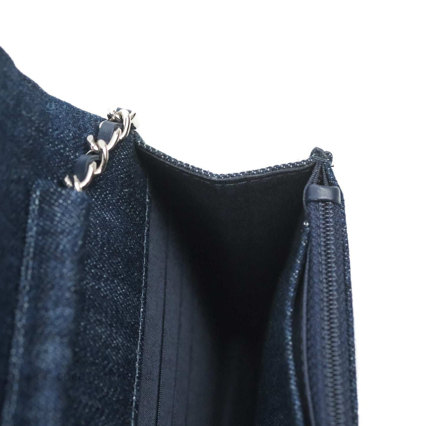 Chanel Quilted Chain Around Wallet on Chain WOC Dark Blue Denim Silver Hardware