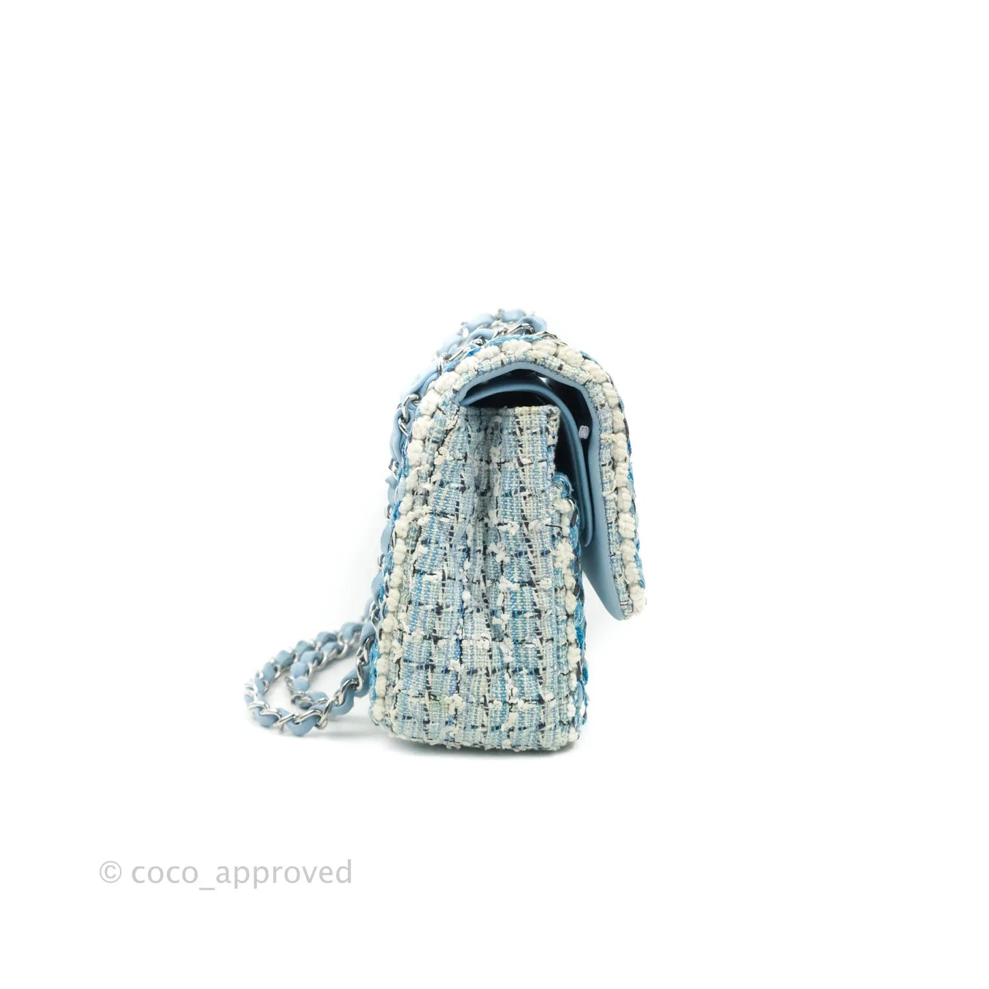 Chanel Medium Classic Double Flap Bag Blue Tweed Silver Hardware 19C
