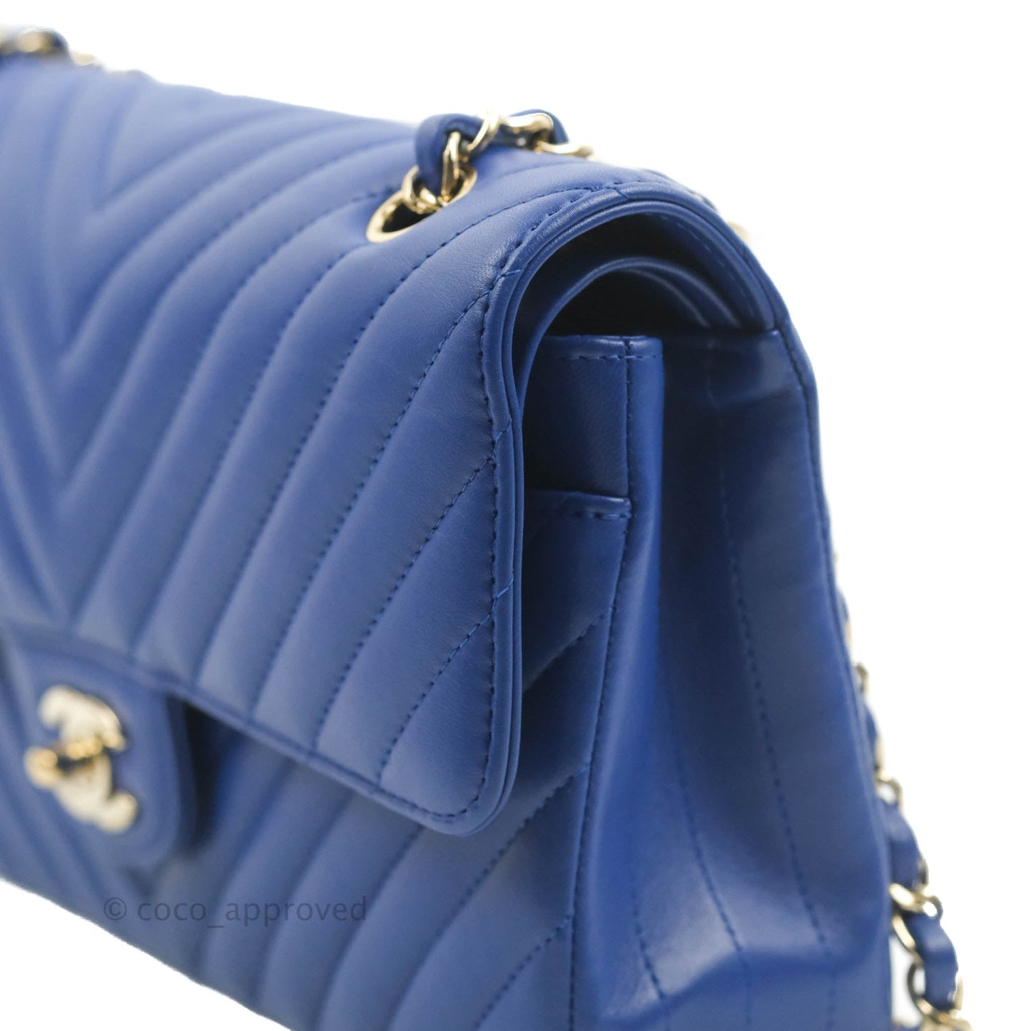 Chanel Classic M/L Medium Chevron Double Flap Blue Lambskin Gold Hardware