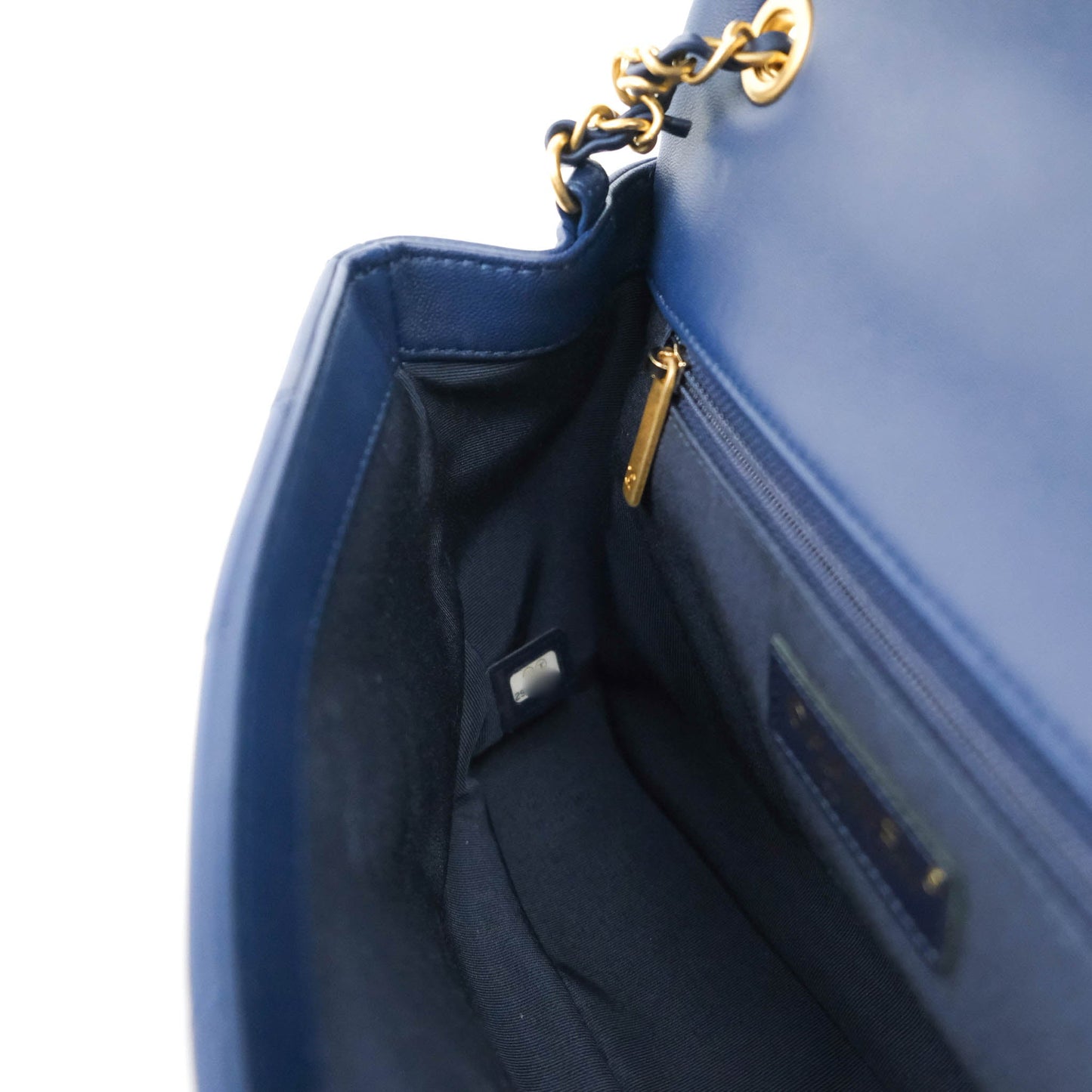 Chanel Circular Handle Flap Bag Navy Lambskin Aged Gold Hardware