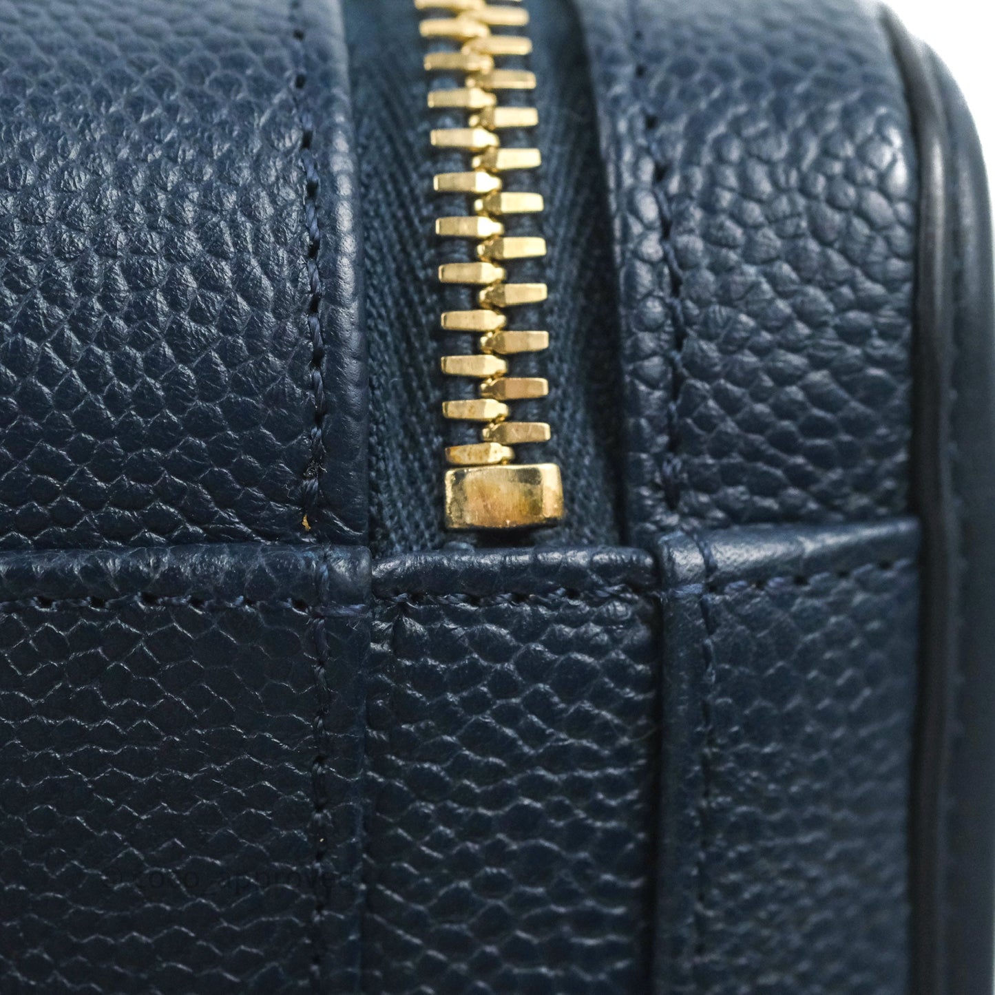 Chanel Quilted Small CC Filigree Vanity Case Navy Caviar Gold Hardware