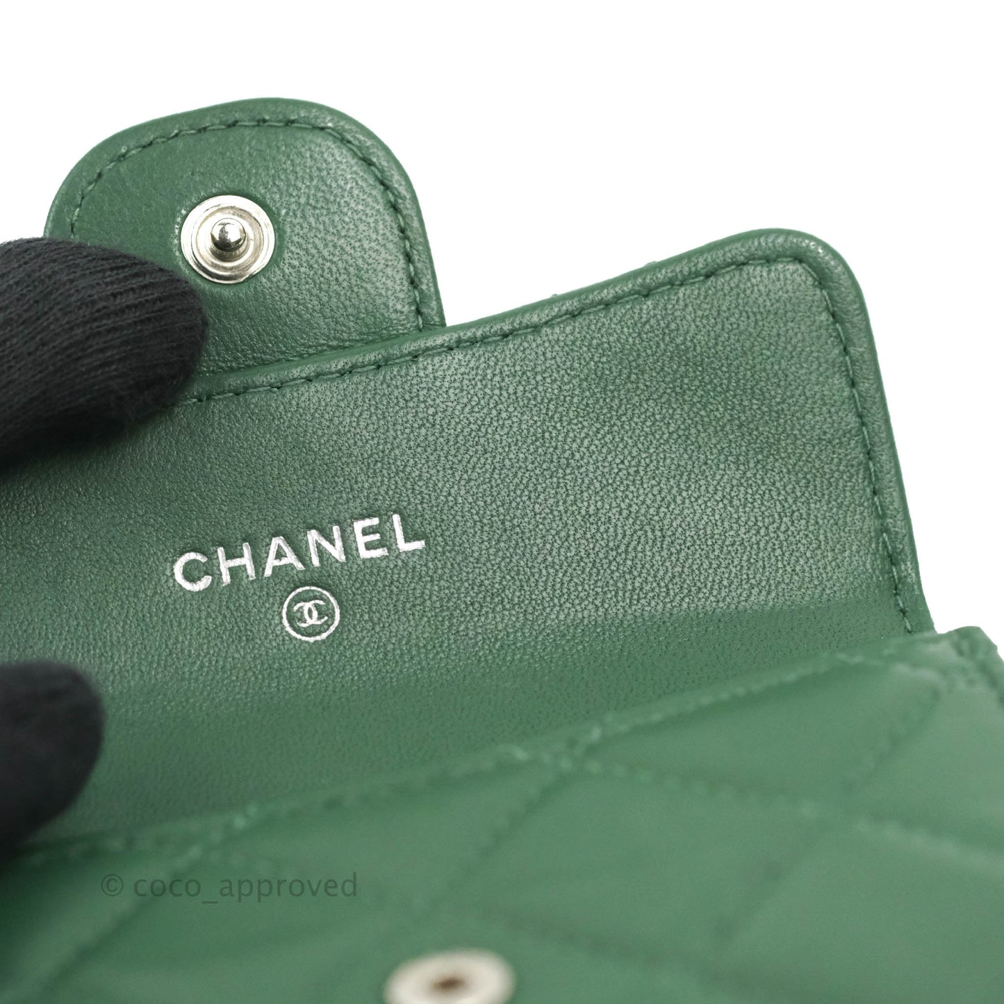 Chanel Classic Flap Coin Purse Dark Green Lambskin Silver Hardware