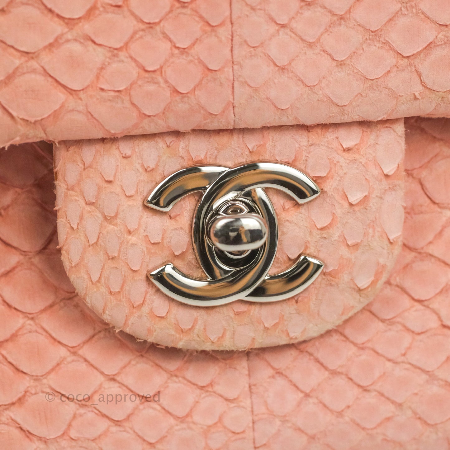 Chanel Classic M/L Medium Flap Quilted Pink Python Silver Hardware