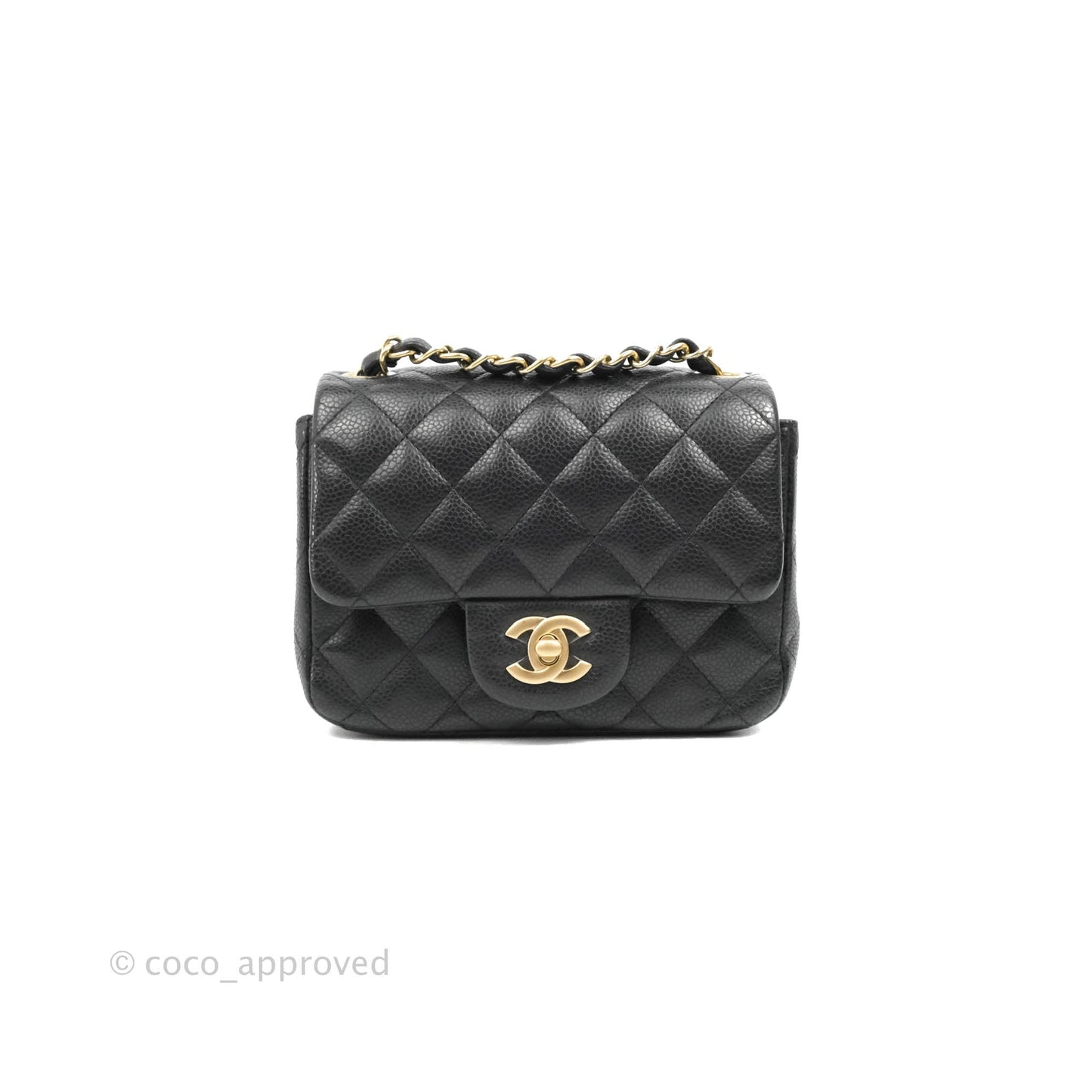 Chanel Quilted Mini Square Flap Bag Pearly Black Caviar Matte Gold Hardware