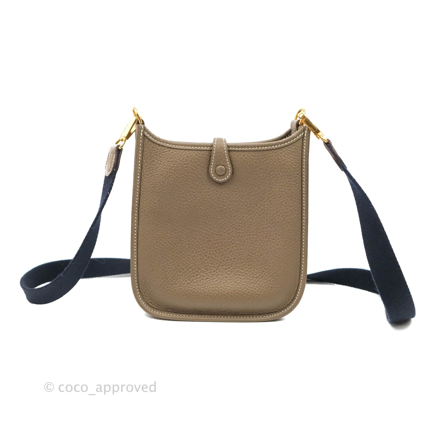 Hermès Mini Evelyne Etoupe Clemence Gold Hardware with Bleu Indigo Strap