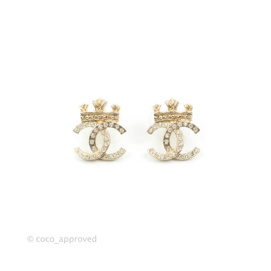 Chanel Crystal CC Crown Earrings Gold