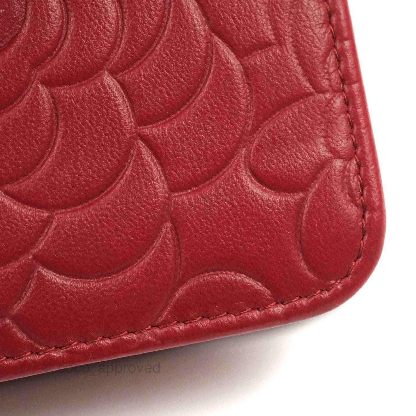 Chanel Camellia Embossed Wallet On Chain WOC Red Lambskin Silver Hardware