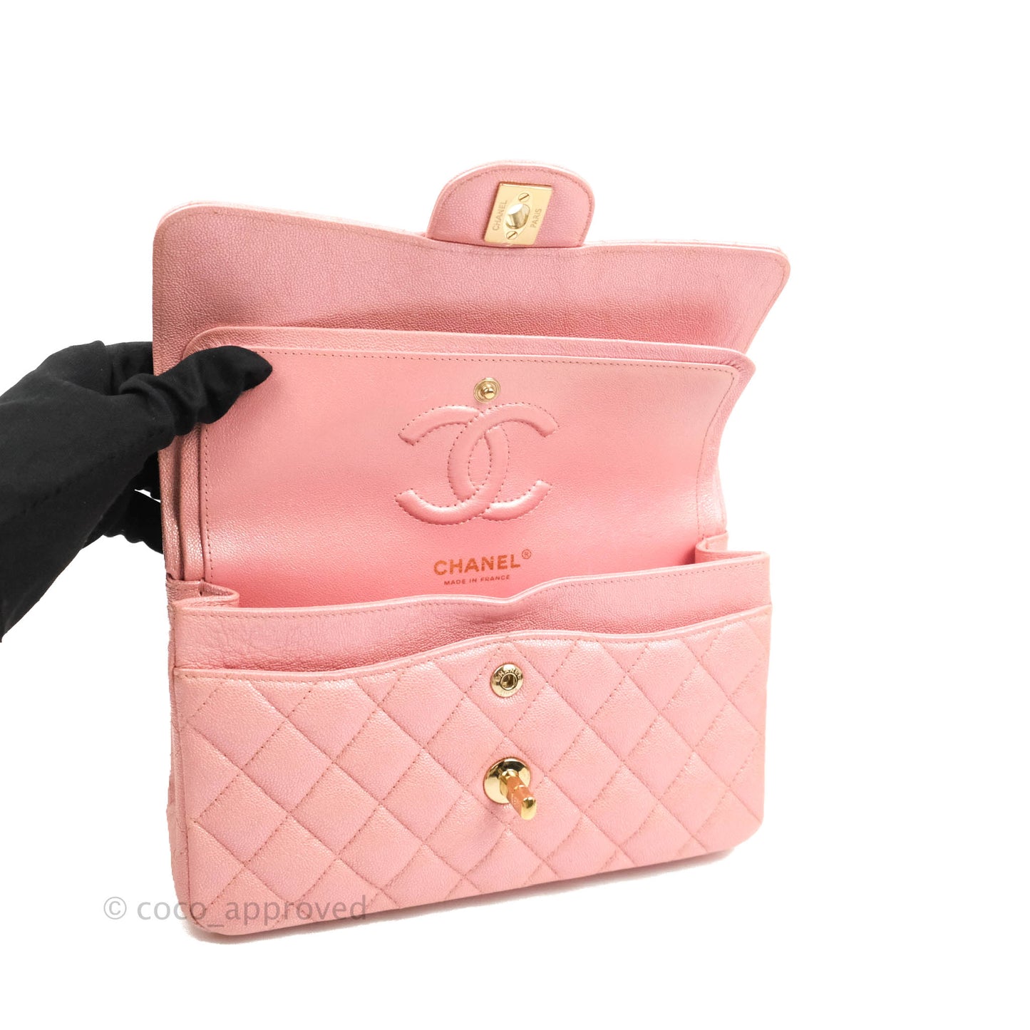 Chanel Small Classic Quilted Flap Iridescent Pink Caviar Gold Hardware 19S
