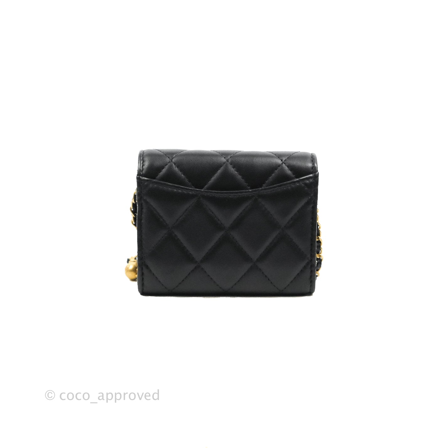 Chanel Pearl Crush Mini Clutch With Chain Black Lambskin Aged Gold Hardware