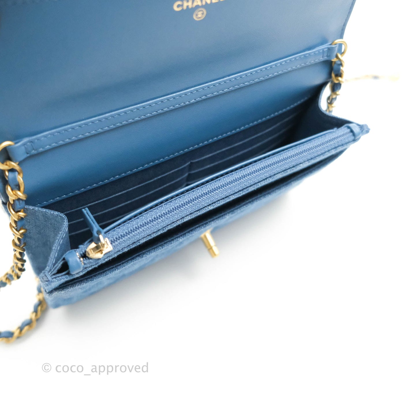 Chanel Quilted Pearl Crush Wallet on Chain WOC Denim Aged Gold Hardware