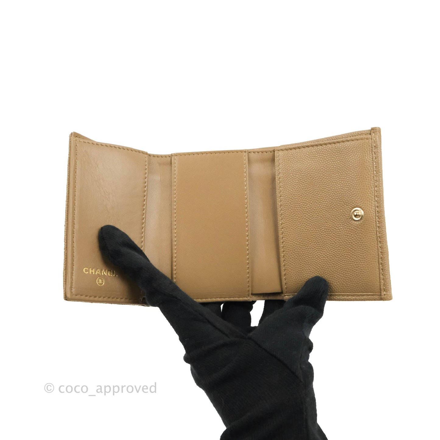 Chanel Quilted Small Classic Flap Trifold Wallet Dark Beige Caviar Gold Hardware