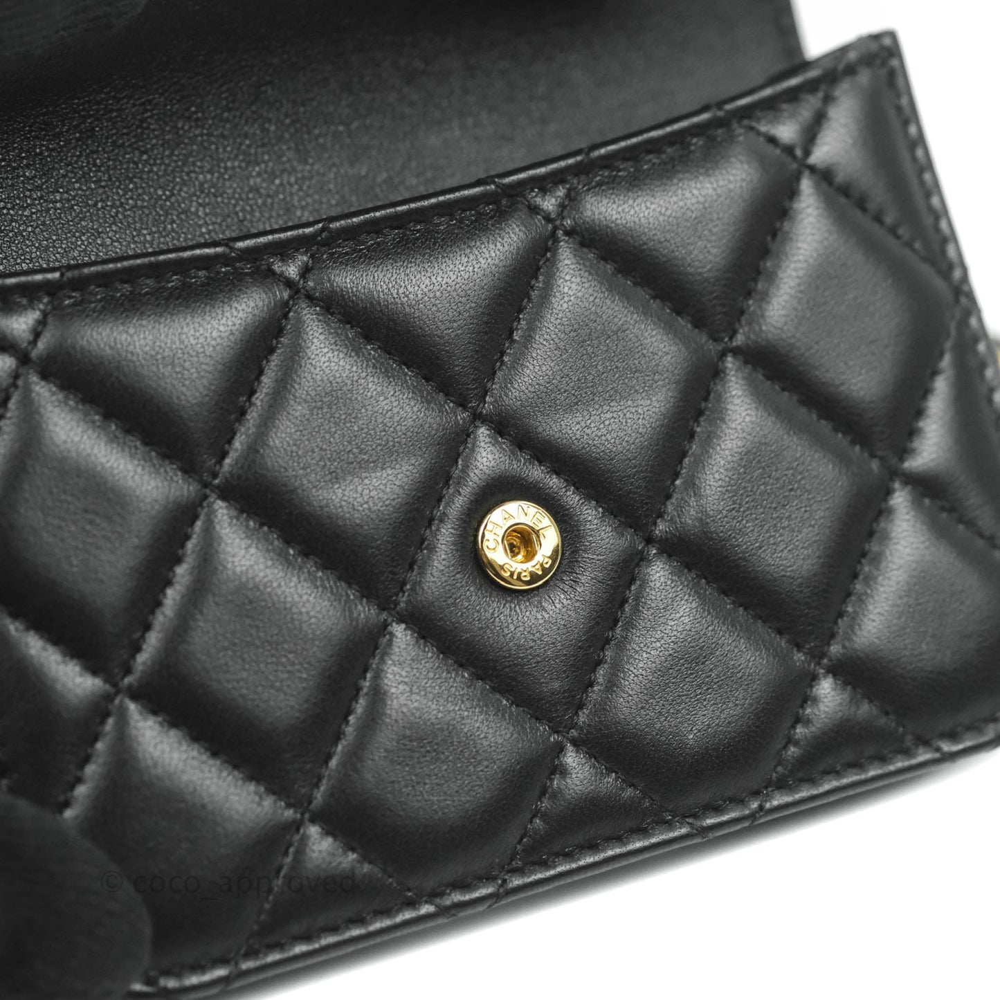 Chanel Mini Handle Flap Coin Purse With Chain Black Lambskin Gold Hardware