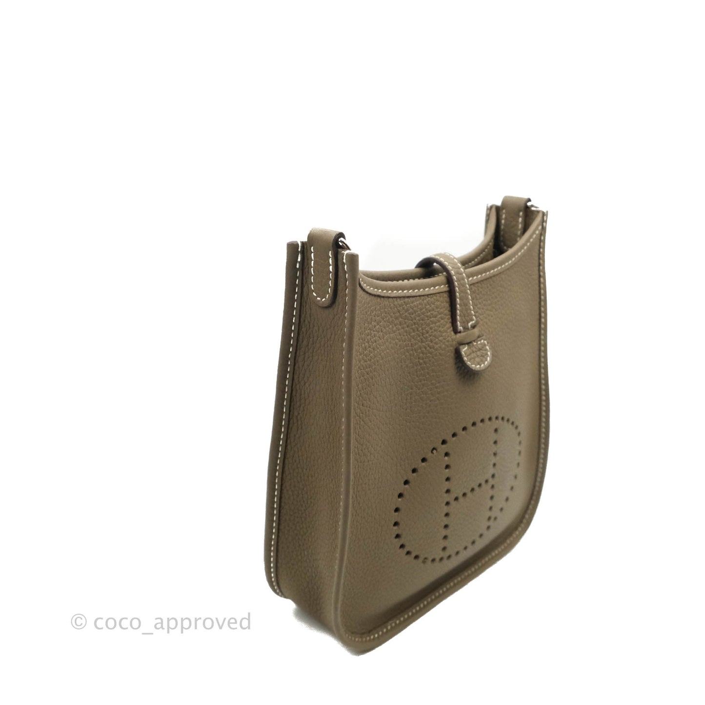 Hermès Mini Evelyne Etoupe Clemence Palladium Hardware with Bleu Indigo Strap