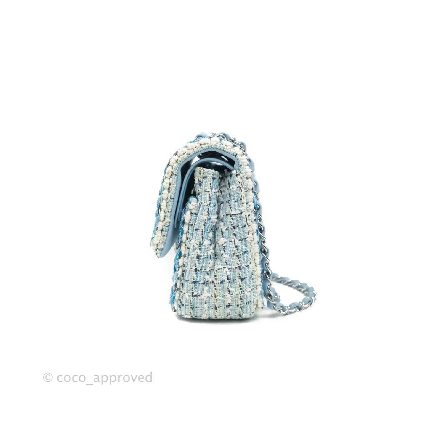 Chanel Medium Classic Double Flap Bag Blue Tweed Silver Hardware 19C