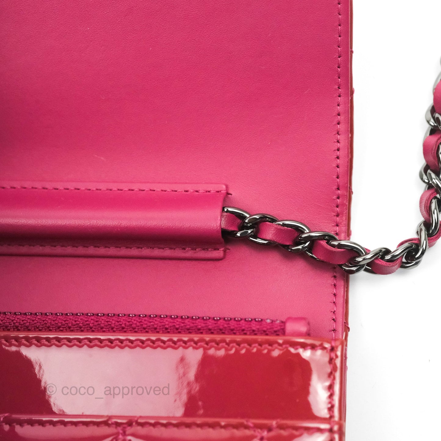 Chanel Wallet on Chain WOC Quilted Red Patent Ruthenium Hardware