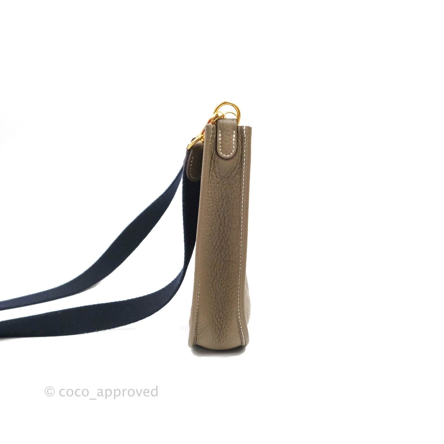 Hermès Mini Evelyne Etoupe Clemence Gold Hardware with Bleu Indigo Strap
