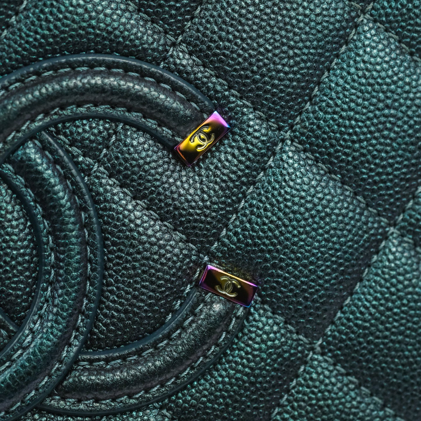 Chanel Quilted Medium CC Filigree Vanity Case Iridescent Dark Turquoise Caviar Rainbow Hardware