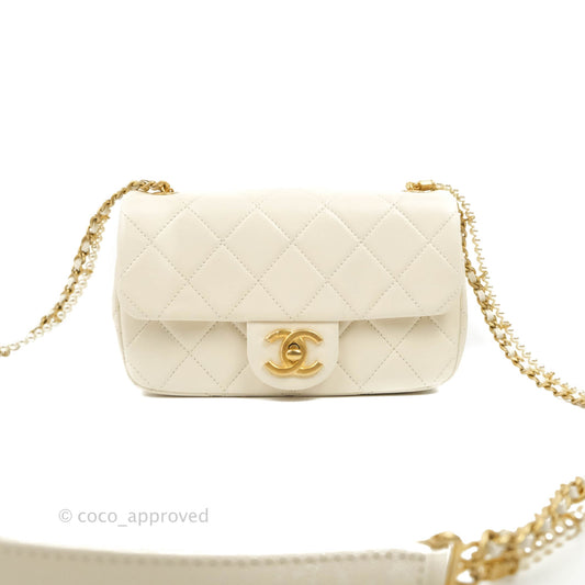 Chanel Mini Rectangular Crystal Pearls Chain Flap White Calfskin Aged Gold Hardware