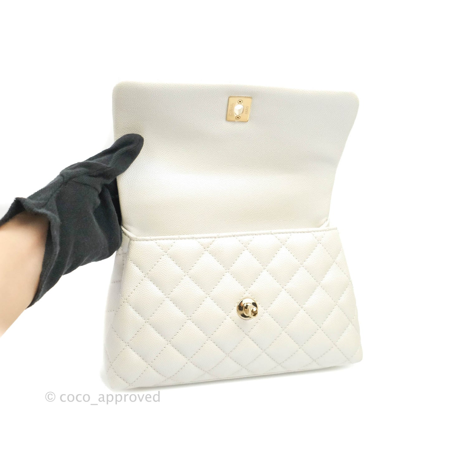 Chanel Small Quilted Coco Handle Iridescent White Caviar Gold Hardware