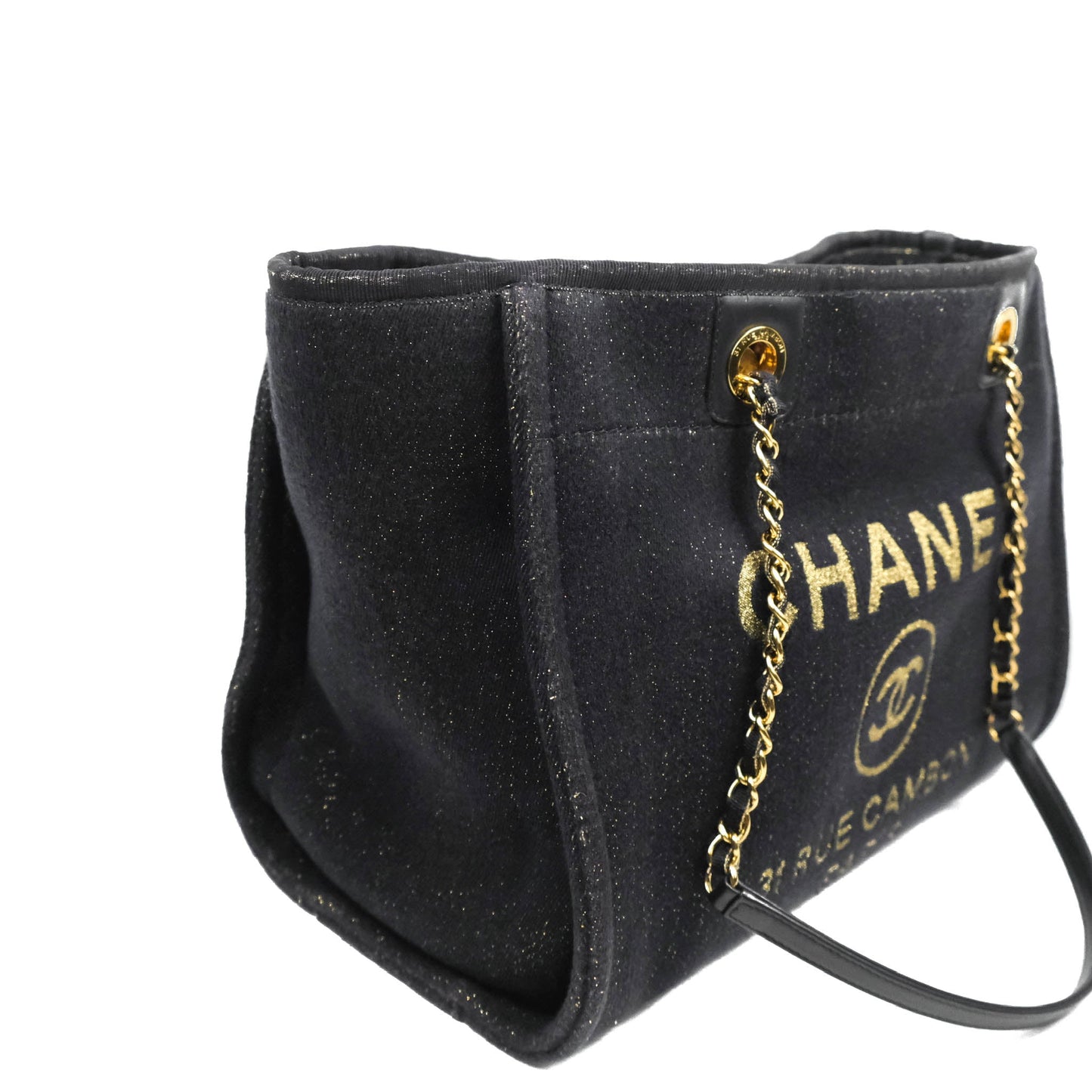Chanel Medium Deauville Tote Navy Glitter Canvas Gold Hardware