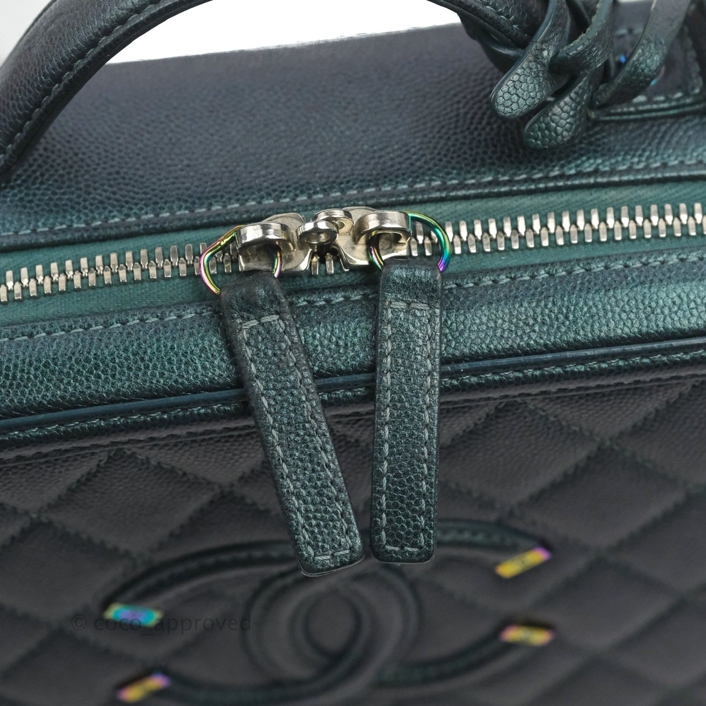 Chanel Quilted Medium CC Filigree Vanity Case Iridescent Dark Turquoise Caviar Rainbow Hardware