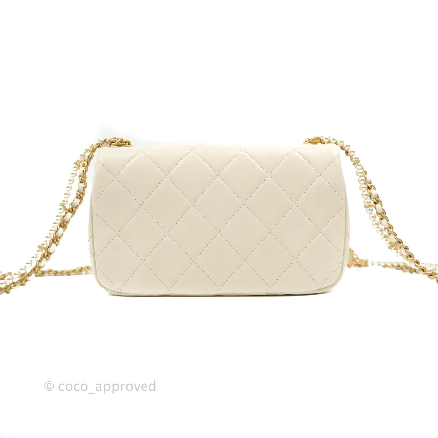 Chanel Mini Rectangular Crystal Pearls Chain Flap White Calfskin Aged Gold Hardware