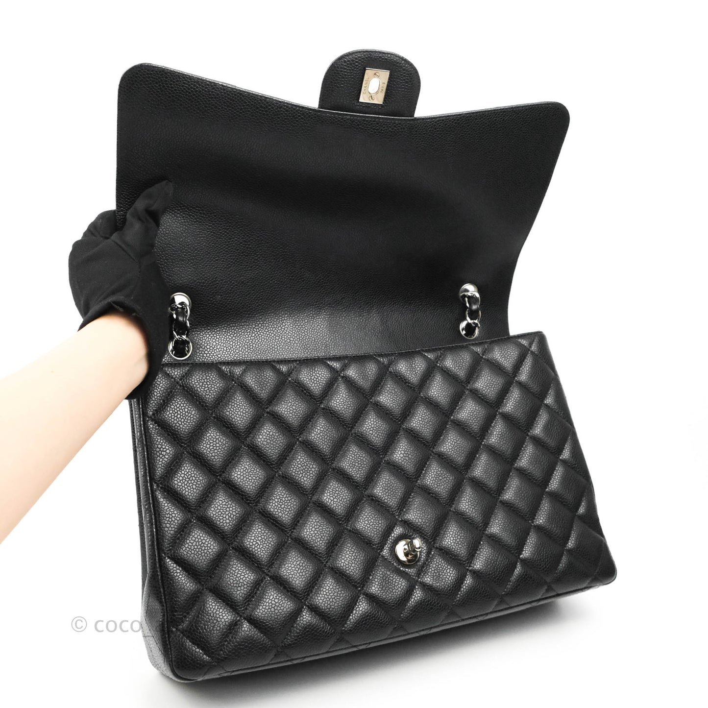 Chanel Quilted Single Flap Maxi Black Caviar Silver Hardware