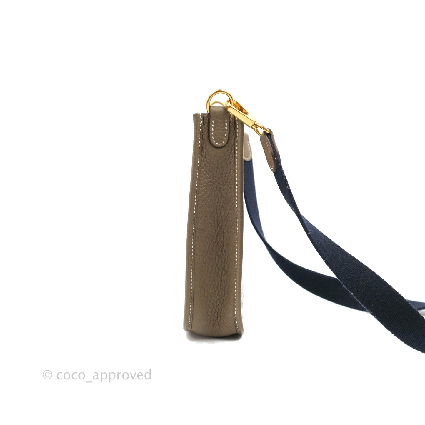 Hermès Mini Evelyne Etoupe Clemence Gold Hardware with Bleu Indigo Strap