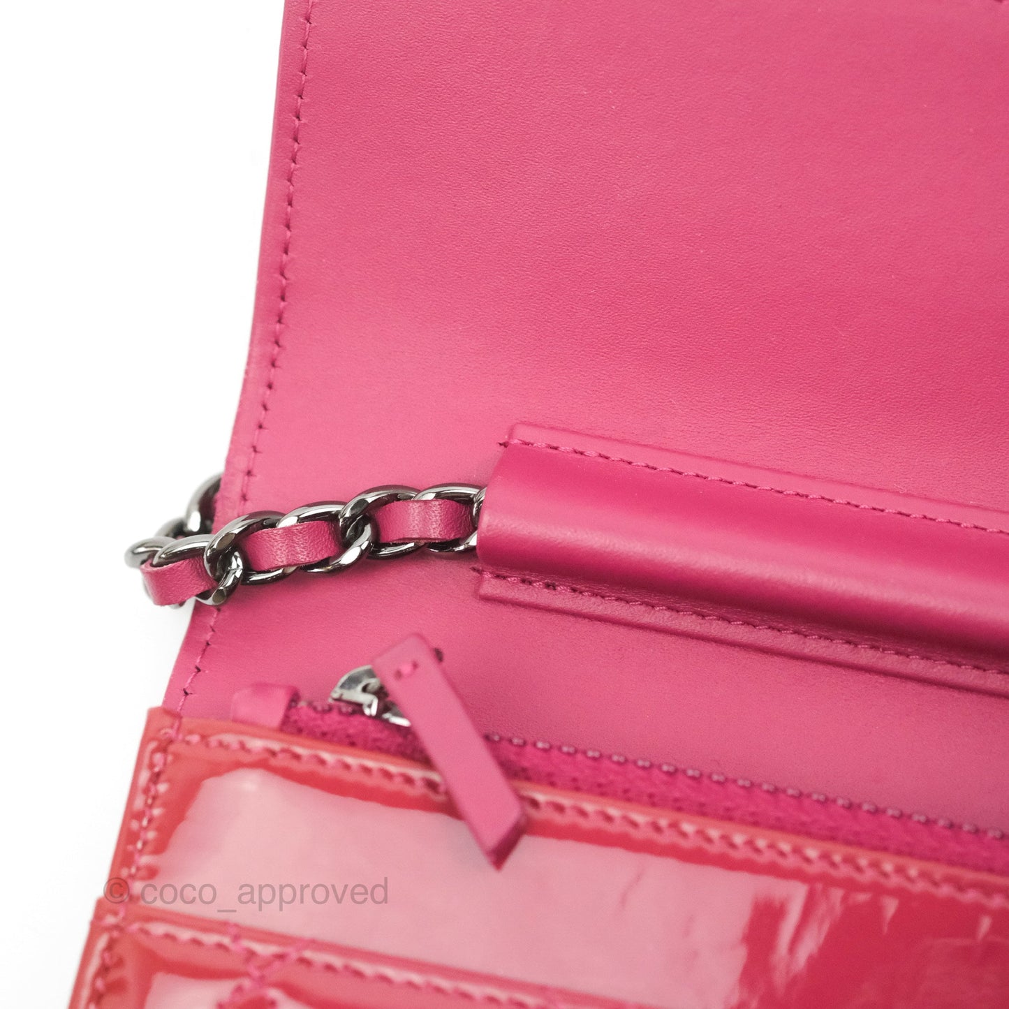 Chanel Wallet on Chain WOC Quilted Red Patent Ruthenium Hardware
