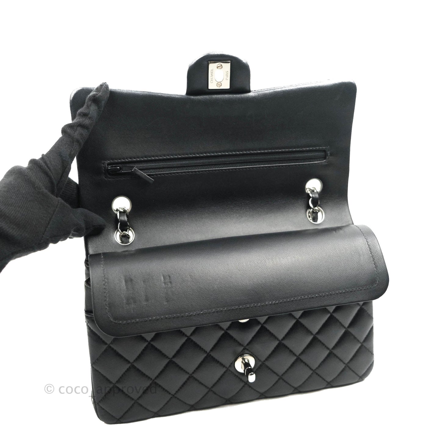 Chanel Classic M/L Medium Flap Quilted Black Lambskin Silver Hardware