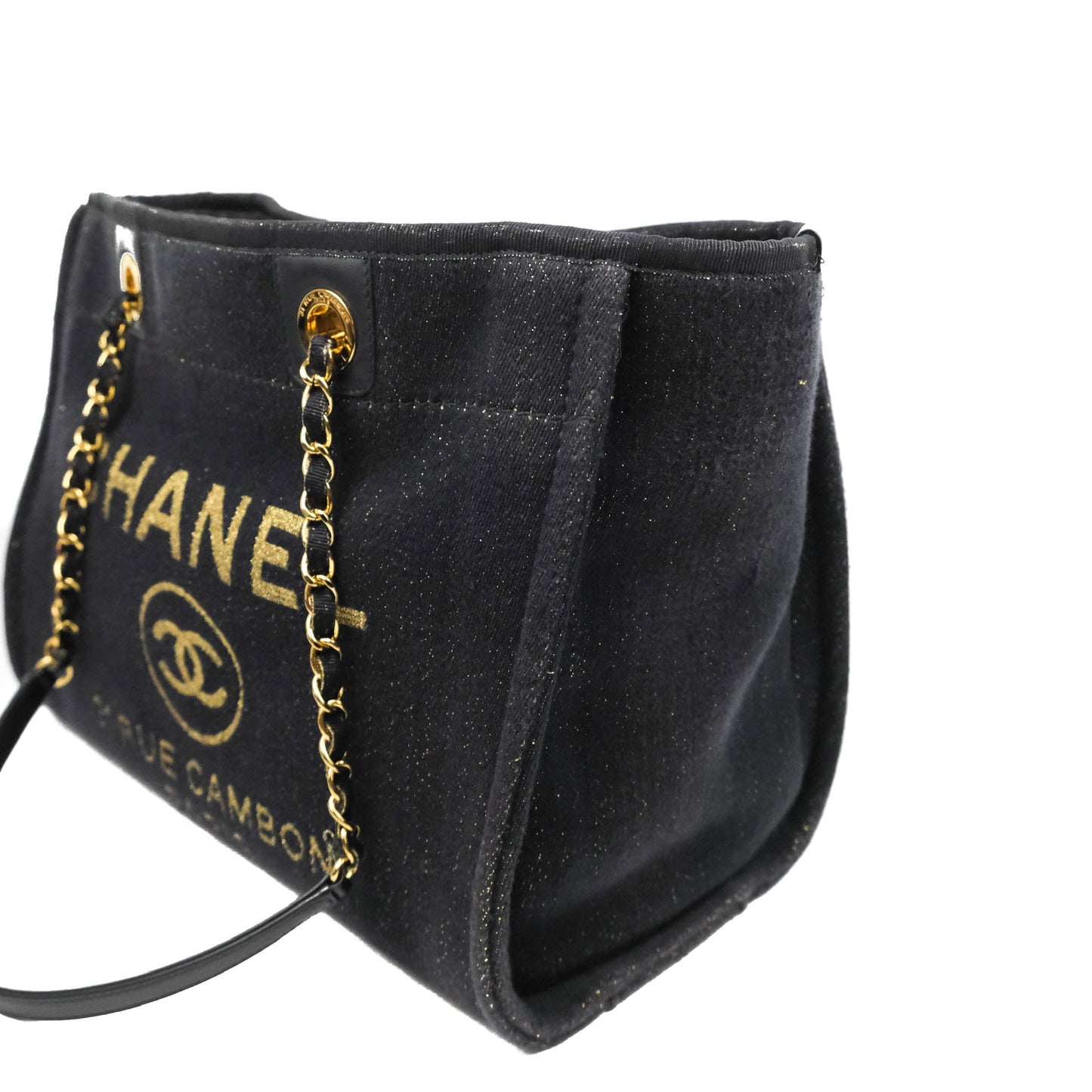 Chanel Medium Deauville Tote Navy Glitter Canvas Gold Hardware