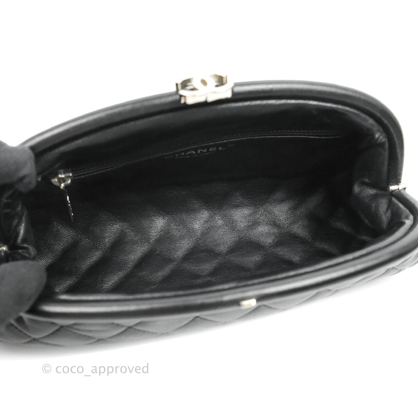 Chanel Quilted Timeless Kisslock Clutch Black Lambskin Silver Hardware