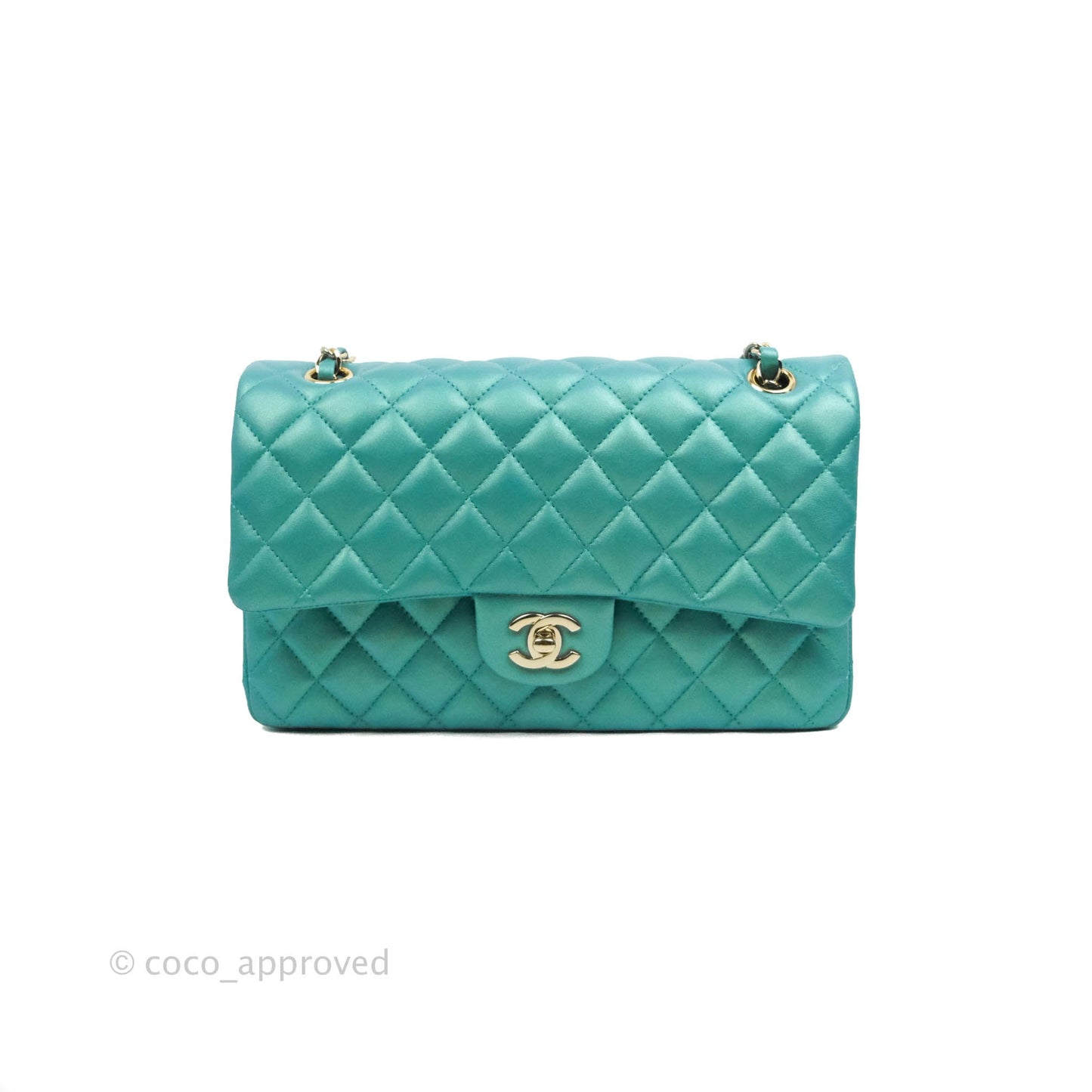 Chanel Classic M/L Medium Double Flap Iridescent Turquoise Calfskin Gold Hardware