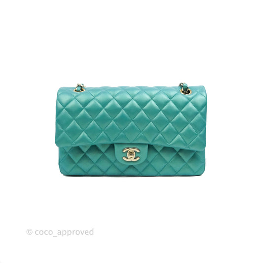 Chanel Classic M/L Medium Double Flap Iridescent Turquoise Calfskin Gold Hardware