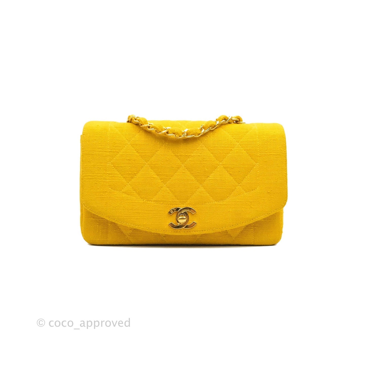 Chanel Vintage Small Classic Diana Flap Bag Yellow Linen Fabric 24K Gold Hardware