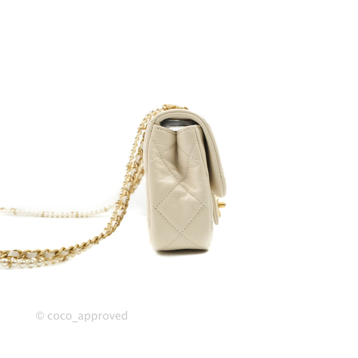 Chanel Mini Rectangular Crystal Pearls Chain Flap White Calfskin Aged Gold Hardware