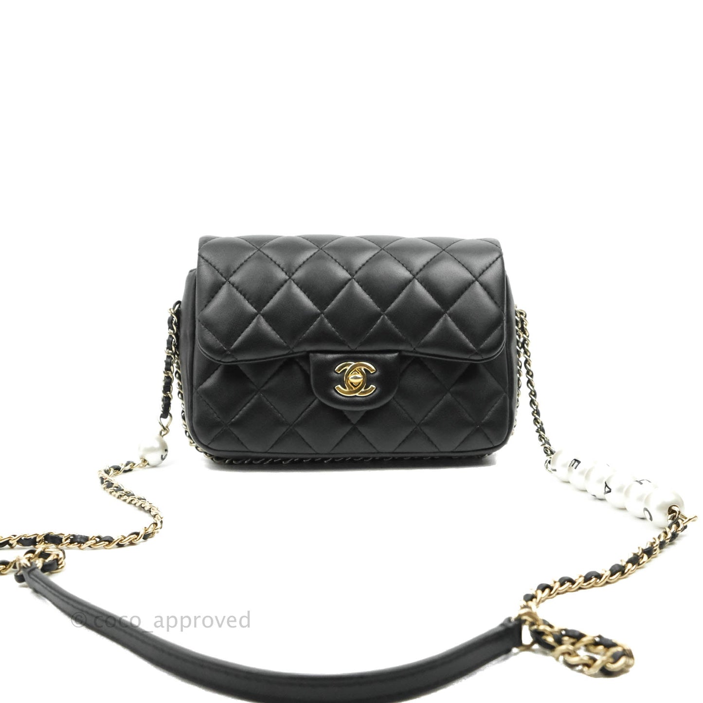 Chanel Logo Pearl Chain Flap Bag Black Lambskin Gold Hardware