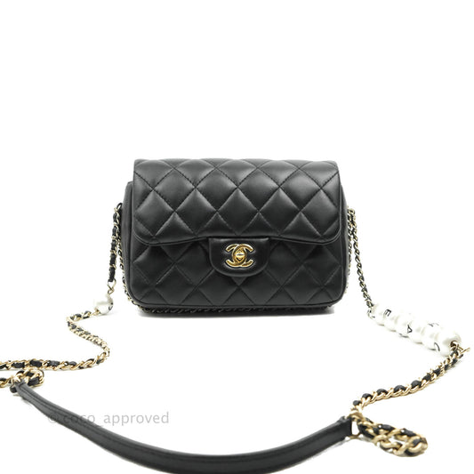 Chanel Logo Pearl Chain Flap Bag Black Lambskin Gold Hardware