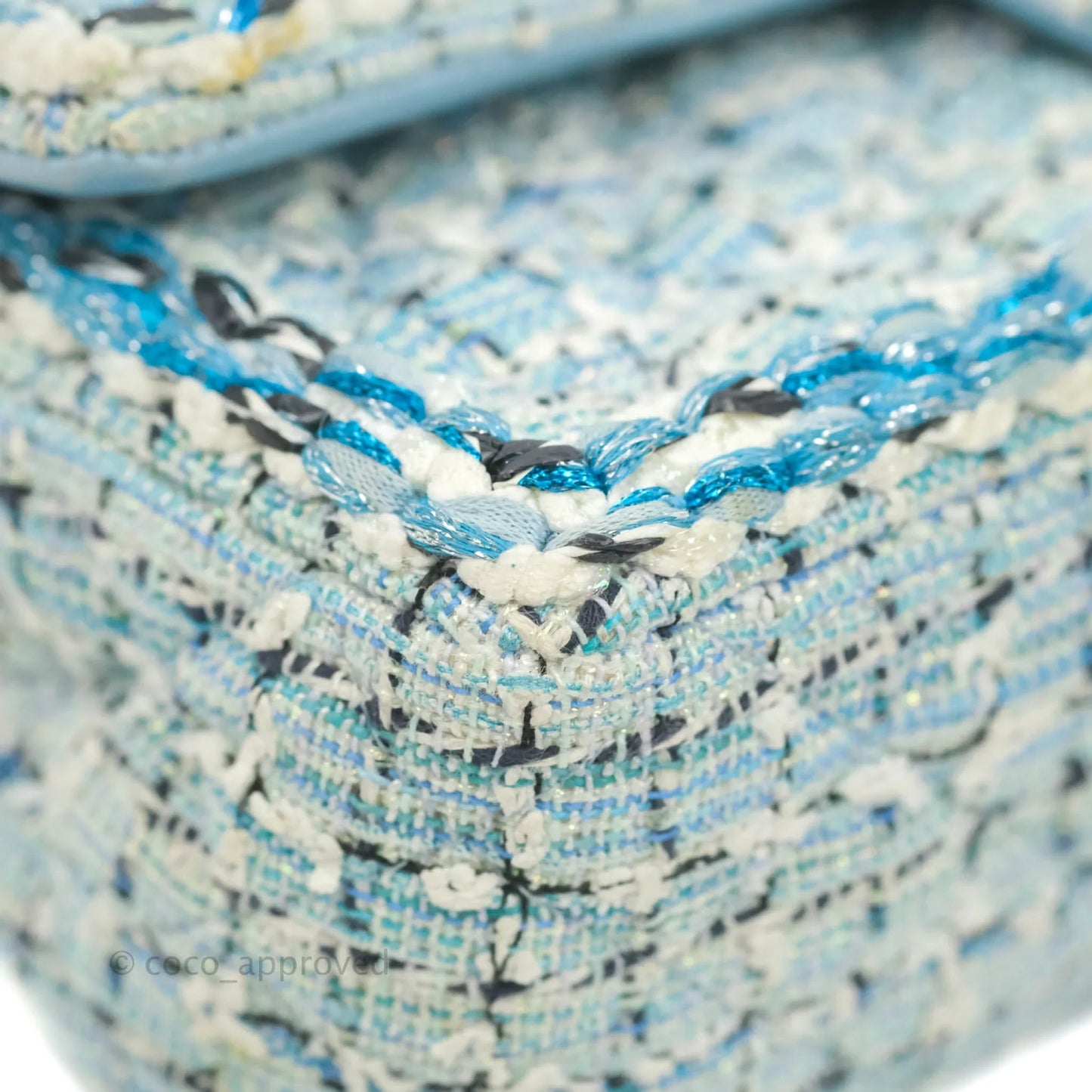 Chanel Medium Classic Double Flap Bag Blue Tweed Silver Hardware 19C