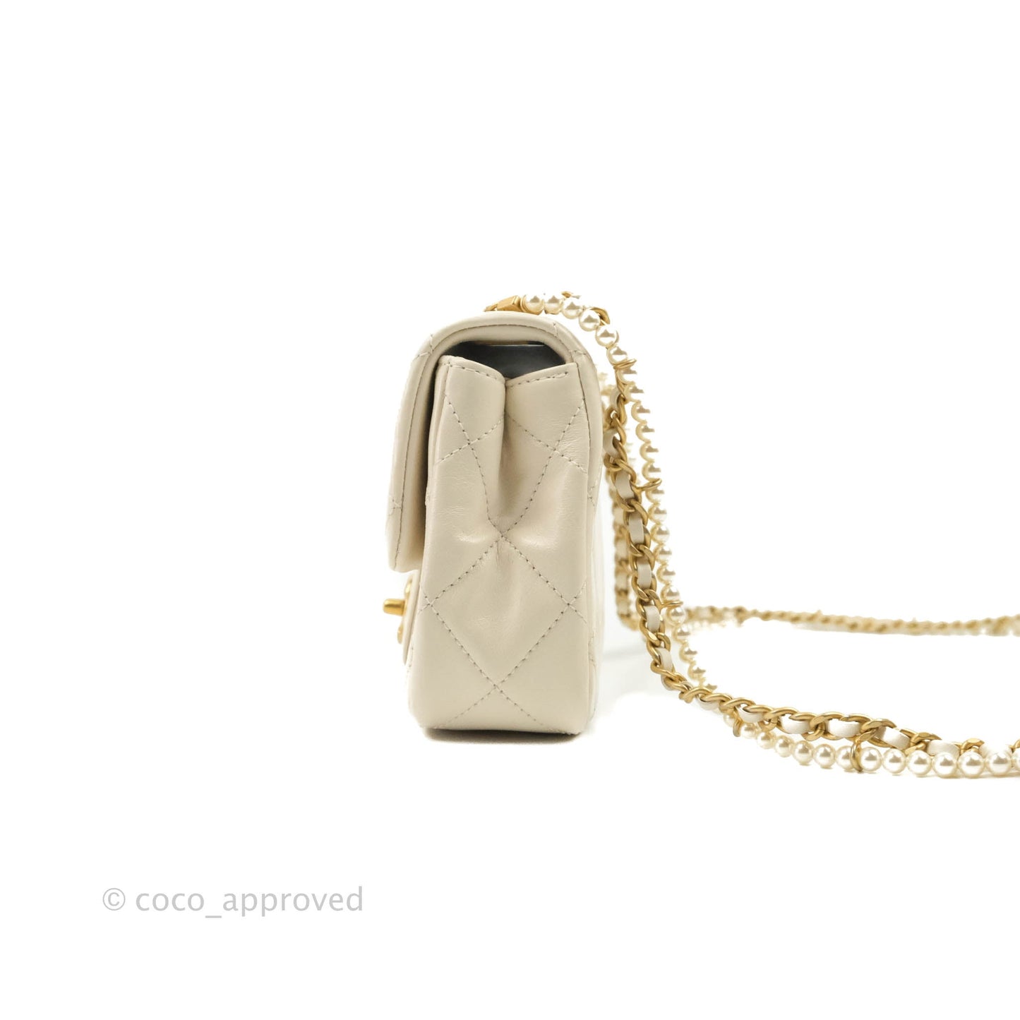 Chanel Mini Rectangular Crystal Pearls Chain Flap White Calfskin Aged Gold Hardware