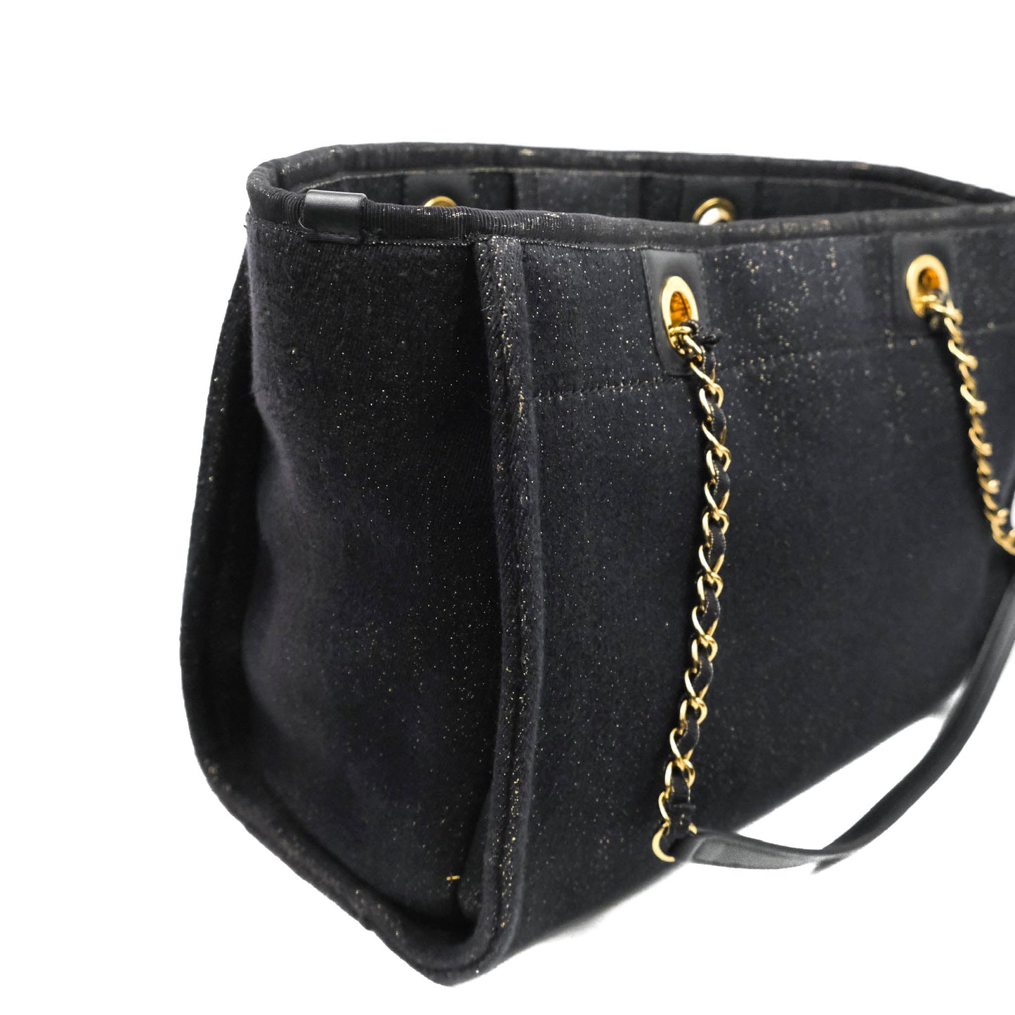 Chanel Medium Deauville Tote Navy Glitter Canvas Gold Hardware