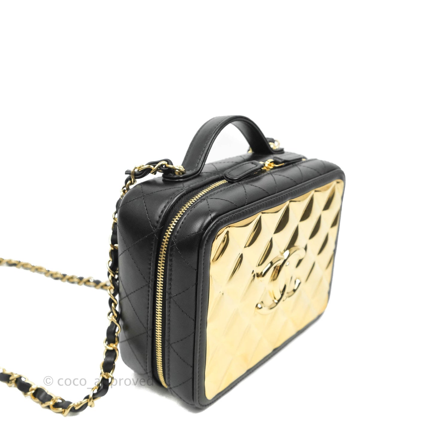 Chanel Quilted Golden Plate Vanity Case Black Lambskin Gold Hardware